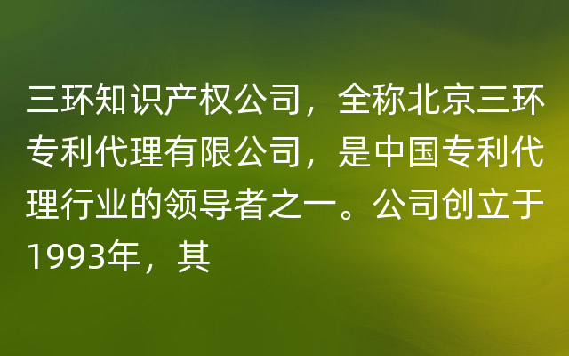 三环知识产权公司，全称北京三环专利代理有限公司，是中国专利代理行业的领导者之一。公司创立于1993年，其