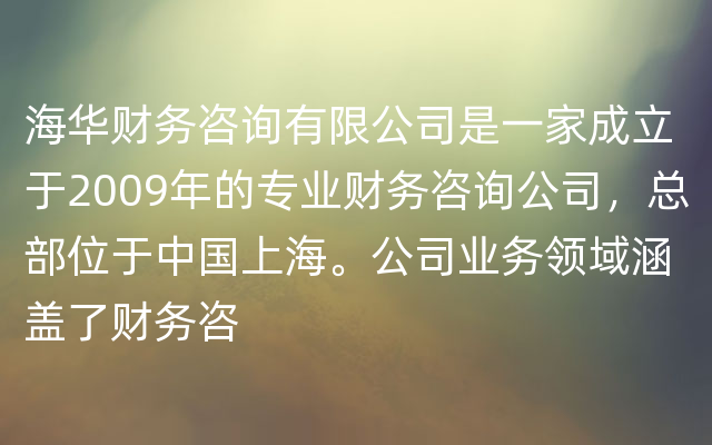 海华财务咨询有限公司是一家成立于2009年的专业财务咨询公司，总部位于中国上海。公司业务领域涵盖了财务咨